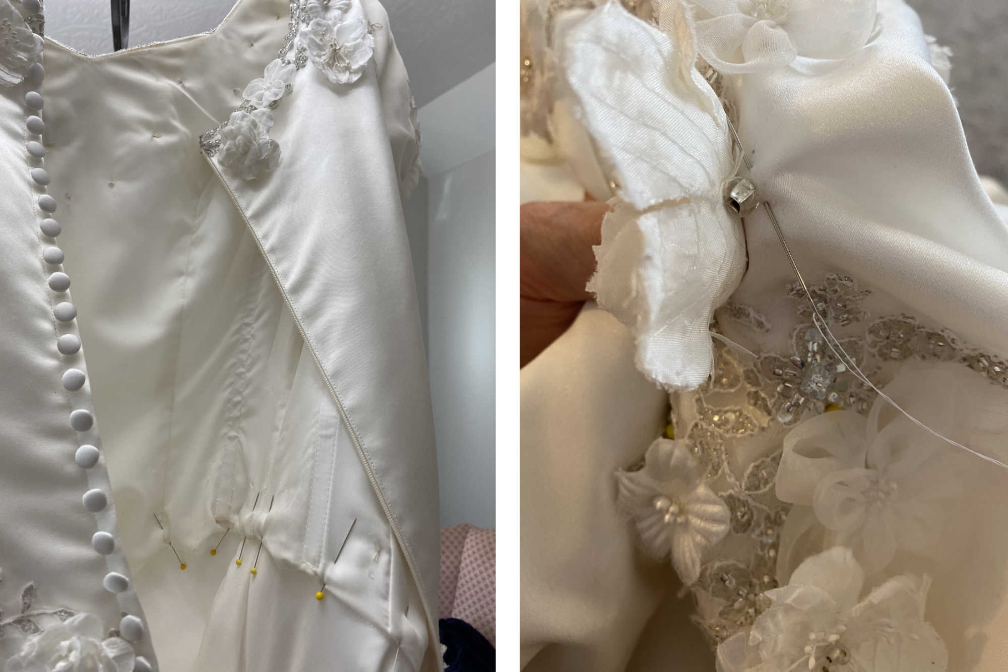 Two photos showing alterations made to a secondhand wedding dress to get it ready for a prom makeover.